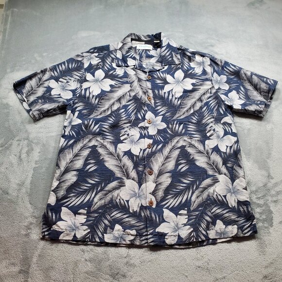Caribbean Silk Button Up Short Sleeve Tropical Flower Shirt Blue Gray Men Sz M - Picture 1 of 11